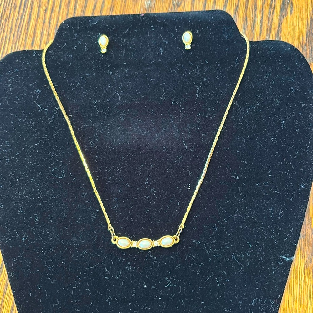 Faux Pearl and diamond earrings and necklace set
